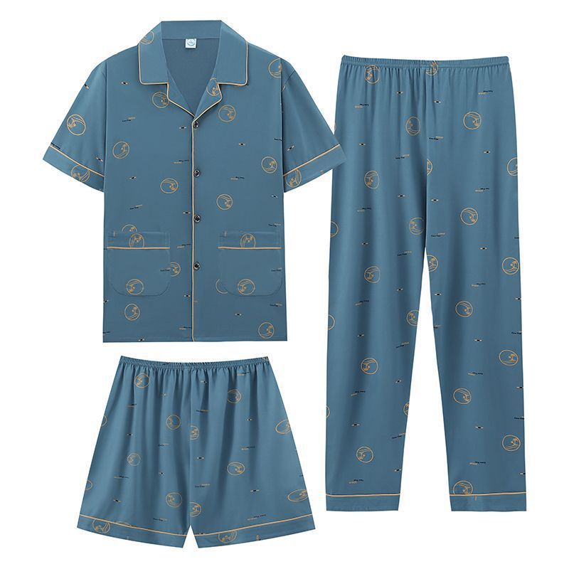 Pajamas de algodón de hombre verano pantalones de manga corta de tres piezas set 2024 nuevo conjunto de ropa casera pantalones cortos delgados tamaño más grande