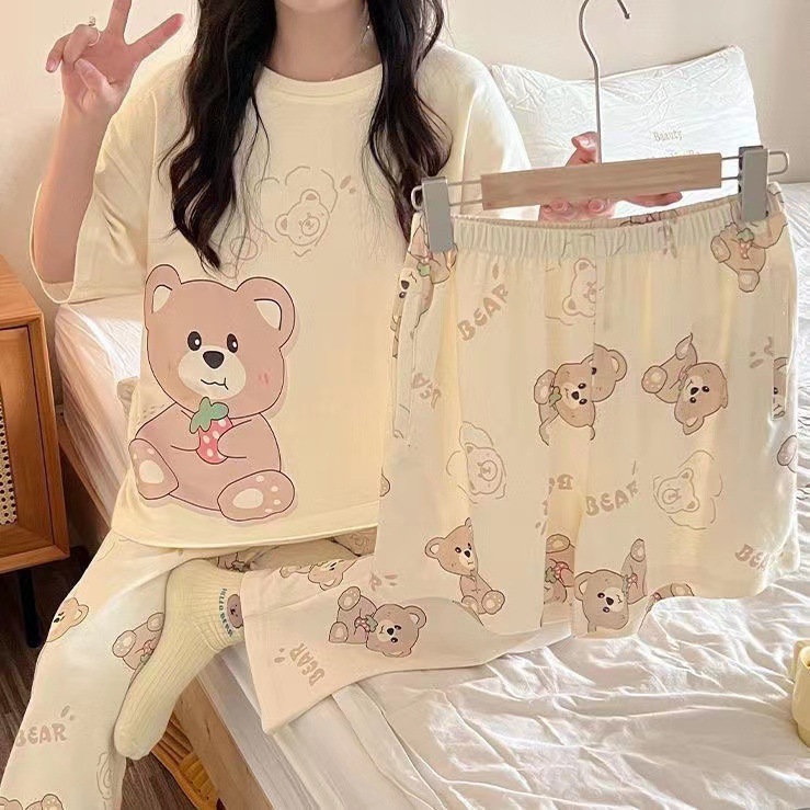 Pijama de verano de mujeres delgado en línea popular estilo coreano estudiantes dulces lindos vestidos para el hogar de mujeres se pueden usar con tres piezas