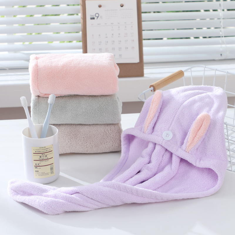 Rabbit ears dry hair hat, cute, water-absorbent and quick-drying, cute student dry hair hat for women with long hair, new coral velvet turban