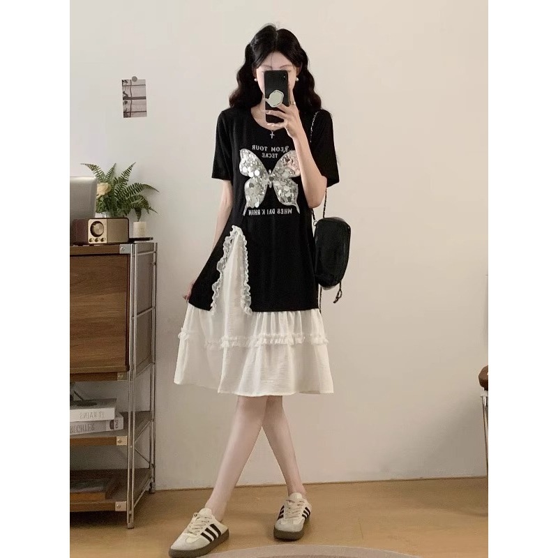 大码胖mm2025夏季黑色蝴蝶亮片气质假两件T恤裙遮肚显瘦连衣裙女