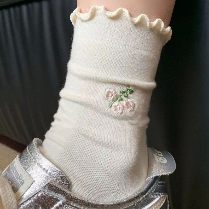 春夏の花無地カールソックス、可愛くて遊び心のあるレースミッドカーフソックス、クリーム色の吸汗ソックス|undefined