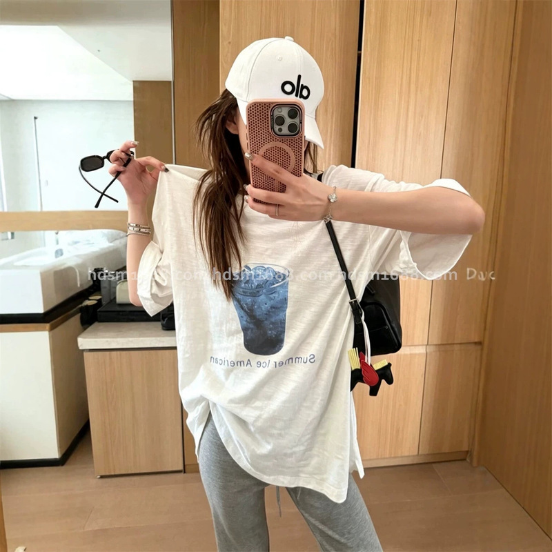 "Blue Ice American Style" Loose-Fitting Washed Slub Cotton T-Shirt with Five-Quarter Sleeves and Rolled Cuffs, with Small Slits on Both Sides