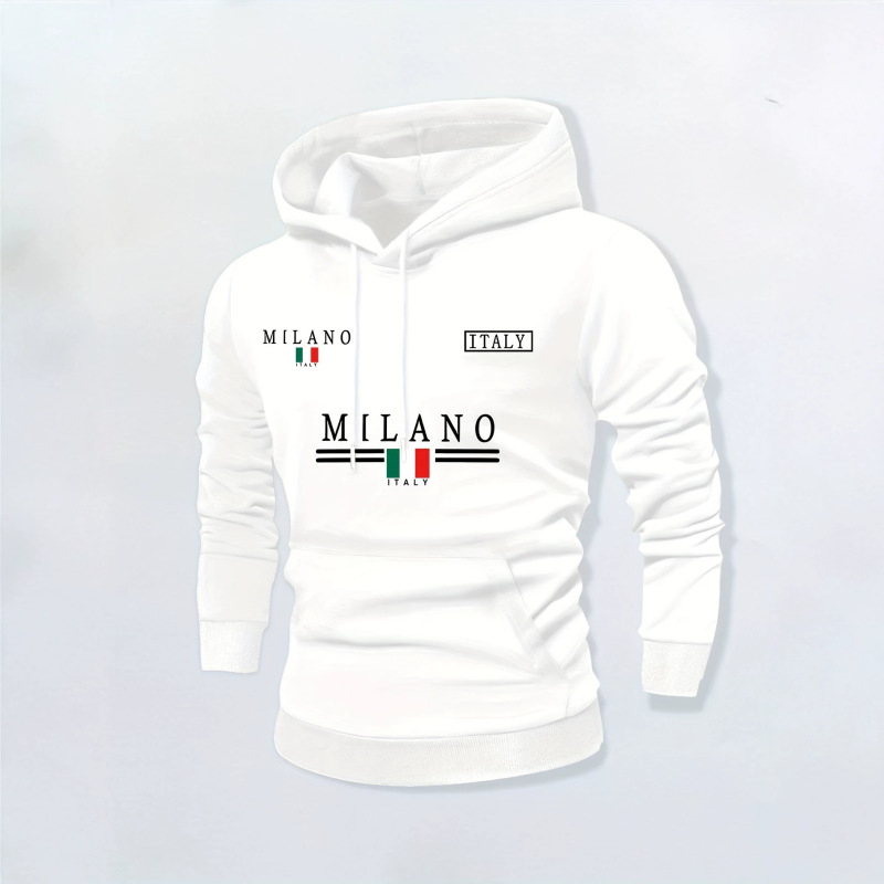 Italian MILANO multi-position flag letter hooded sweatshirt, European size men's casual drop-shoulder hoodie