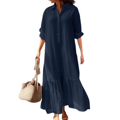 2025 New Arrival Cotton-Linen Long Irregular Dress for European and American Markets, Casual Skirt with Shirt Collar and Twisted Buttons