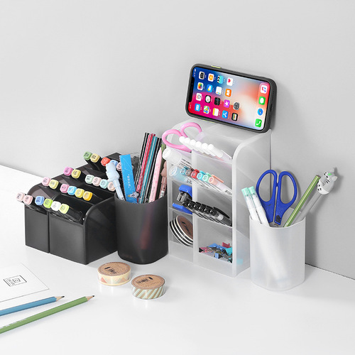 Creative multi-purpose pen holder transparent multi-grid makeup brush storage rack student stationery box oblique plug-in desktop storage box