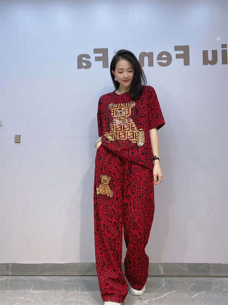 Conjunto Casual de Pantalón con Estampado Set de 2 Piezas para Mujer de Algodón con Pedrería