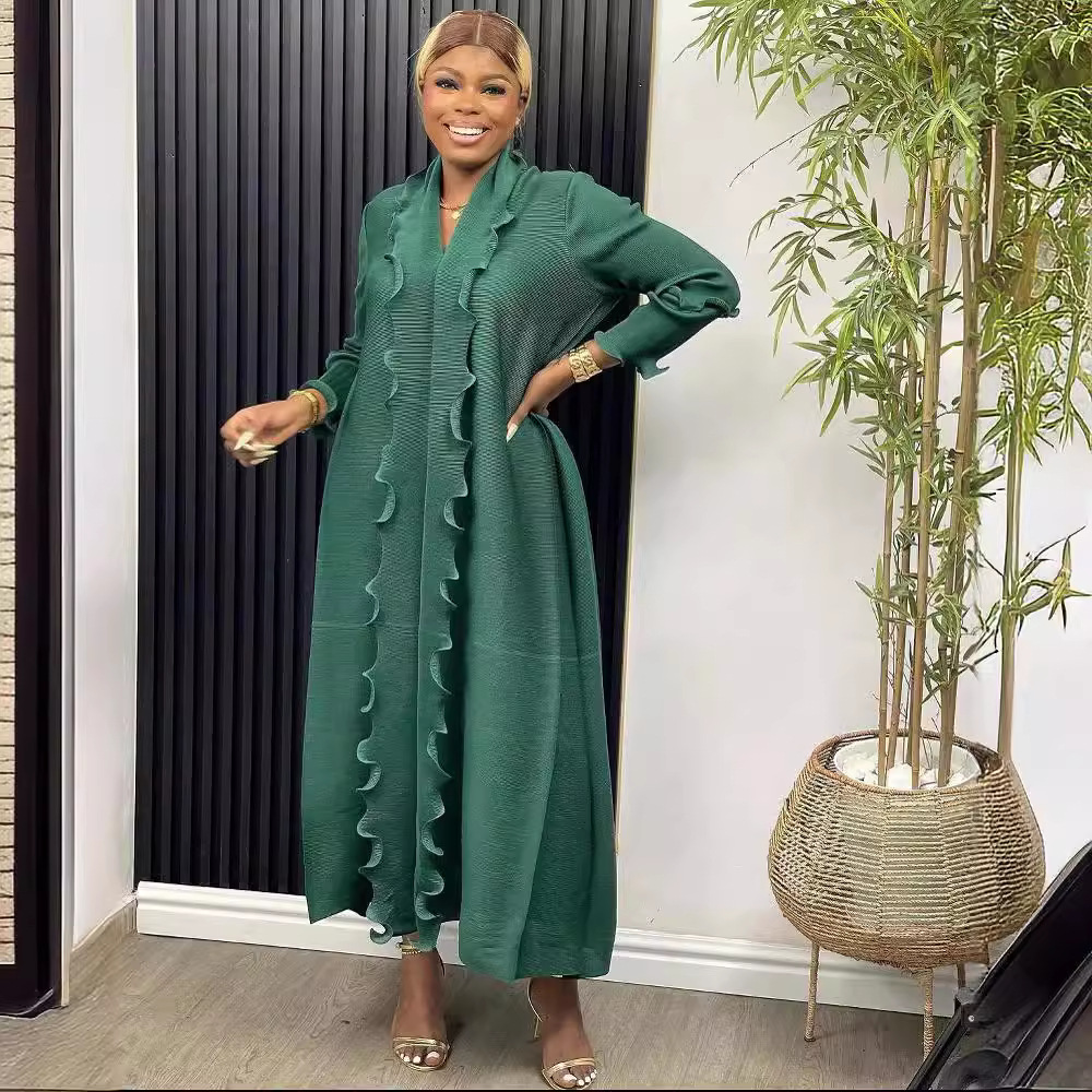 Naiste rõivad Plisseeritud V-kaelusega pitsist pikkade varrukatega moodne kleit naistele_voghion.com