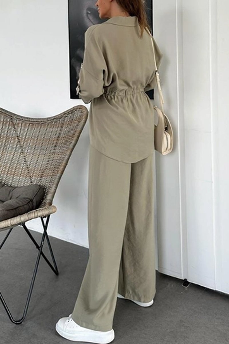 Women's Autumn Solid Color Casual Button Drawstring Loose Suit European And American Style_ecoleips.com