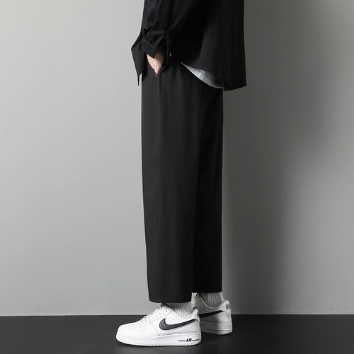 Men's straight-leg ice silk pants, trendy loose and versatile, solid color casual summer thin model, brand name, drooping 9/10 pants
