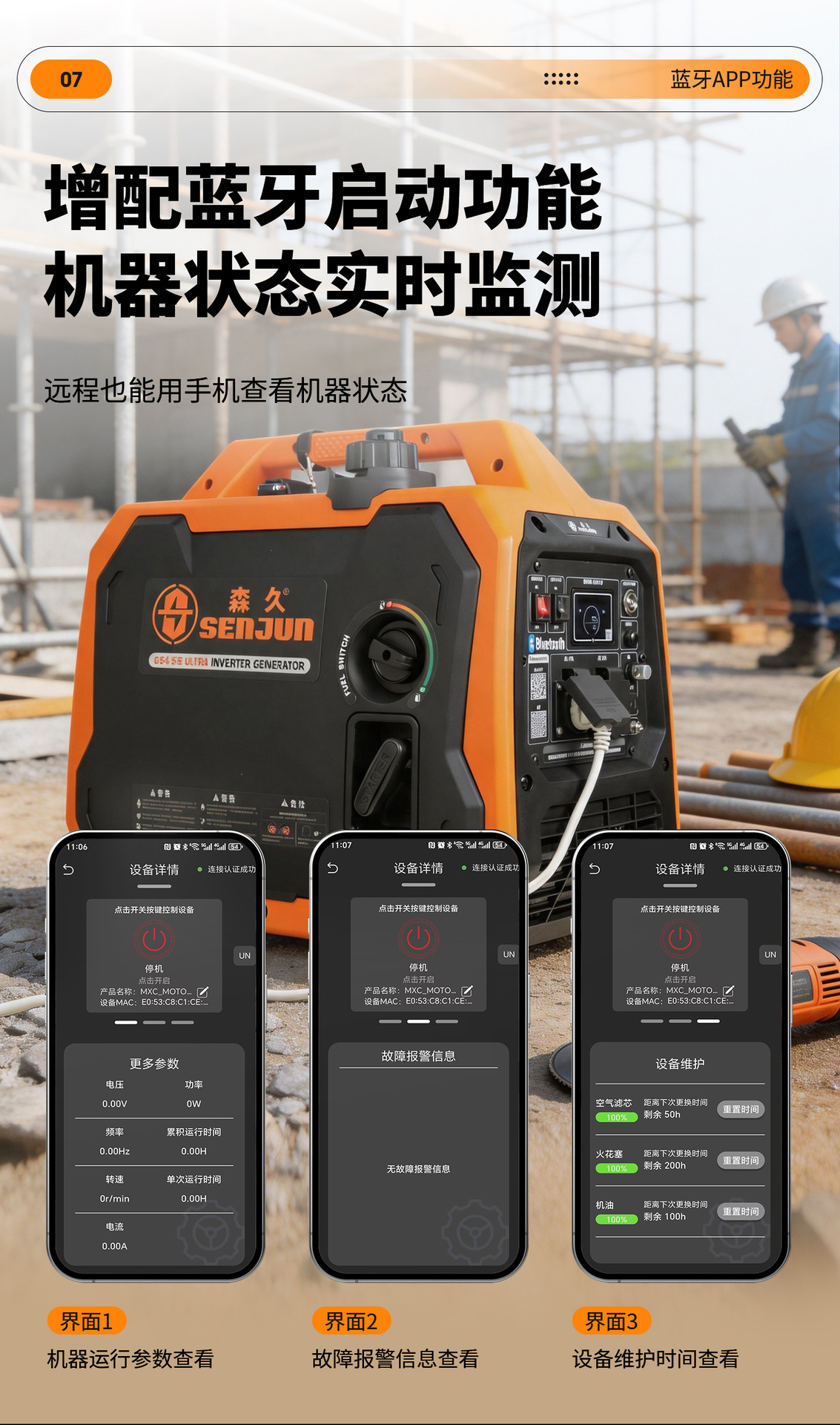 Senjiu Variable Frequency Gasoline Generator 220V 3.5KW Bluetooth Control Portable for Home RV Outdoor Camping Charging