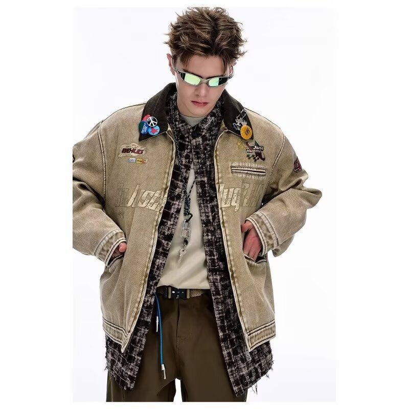 American retro heavyweight washed and distressed Harrington jacket, men's trendy spring/autumn new loose-fit canvas stand-up collar jacket