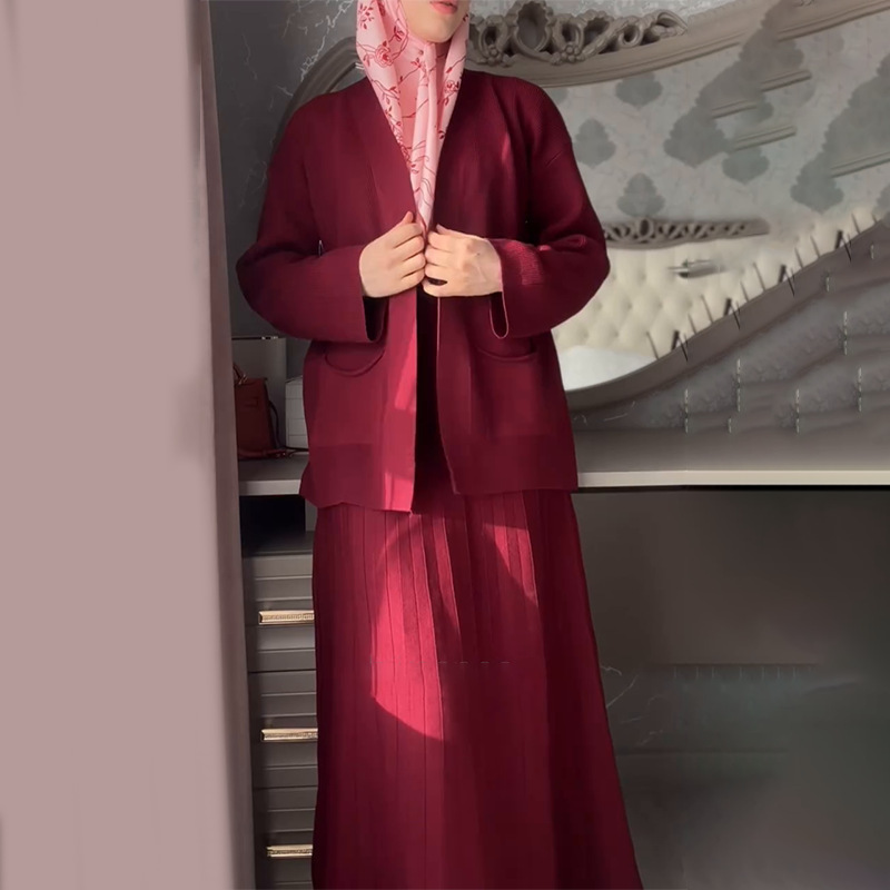 欧美跨境外贸2025春季宽松绑带口袋V领开衫外套舒适半身裙套装女|undefined