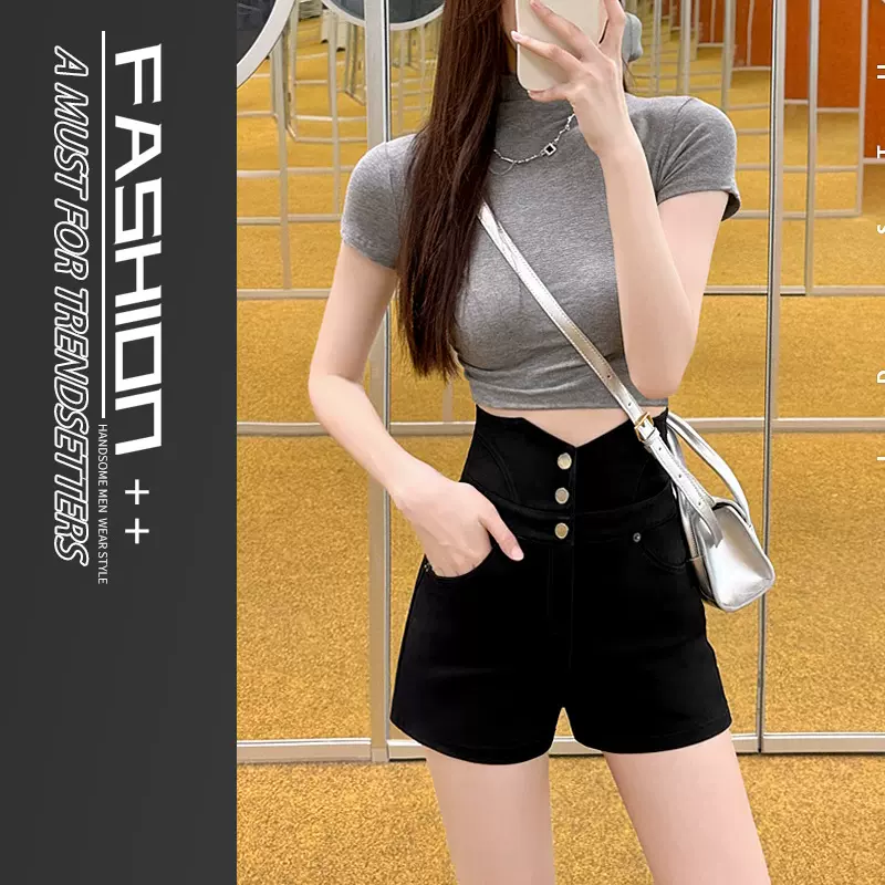 2025新款高腰辣妹西装短裤大码胖mm微胖夏季黑色显瘦a字排扣热裤