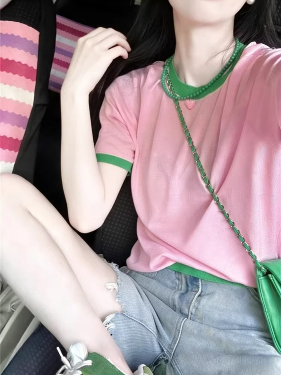 Áo thun nữ tay ngắn cổ tròn phom rộng chất liệu mỏng mùa hè — màu hồng