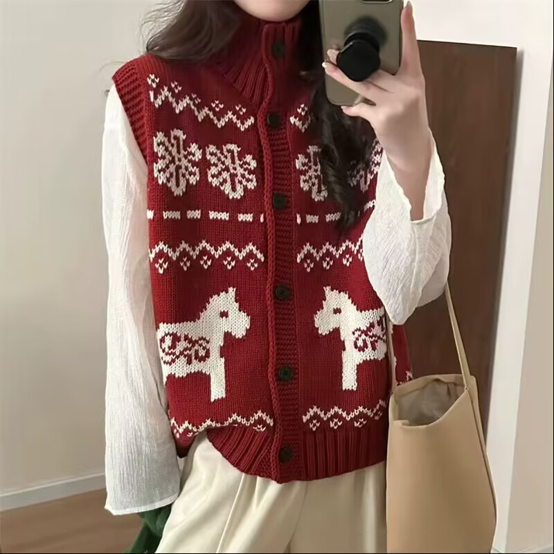 韩版费尔岛风雪花卡通提花针织背心女过年冬无袖毛衣马甲上衣女潮