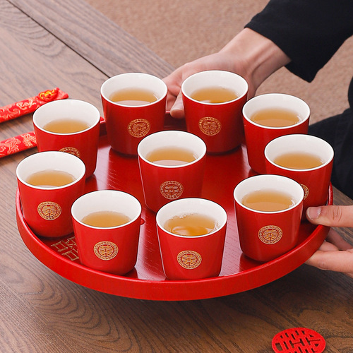Teacup Set Ceramic Wedding Supplies Change Mouth Teacup Wedding Double Happiness Cup Marriage Chinese Red Double Happiness Teacup