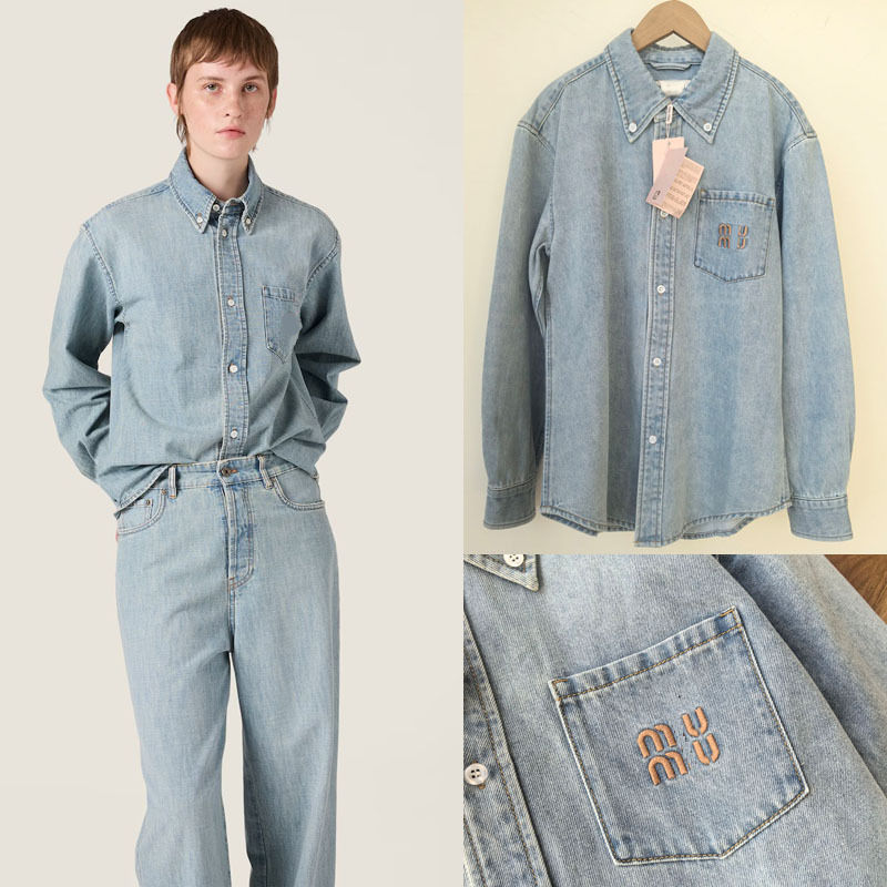 Real Shot of the New mm Versatile Embroidered Letter Denim Shirt Light Blue Washed Old Long-Sleeved Lapel Casual Shirt Women's Top