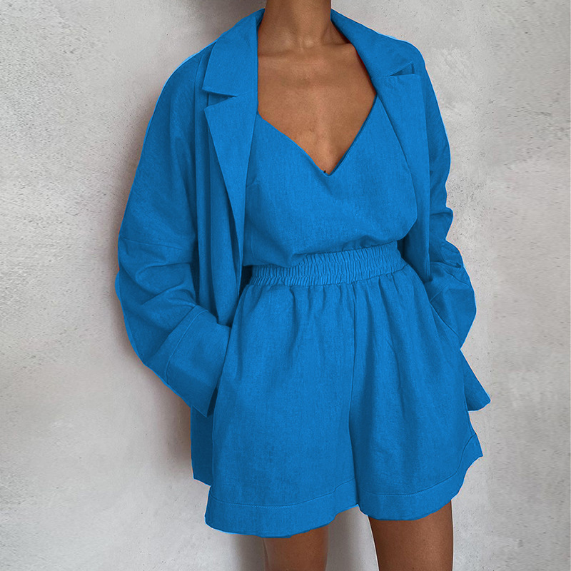 Daily Occasion Turndown Neckline Daily Women'S British Style Solid Color Polyester Patchwork Shorts Co-ord Set Shorts Sets