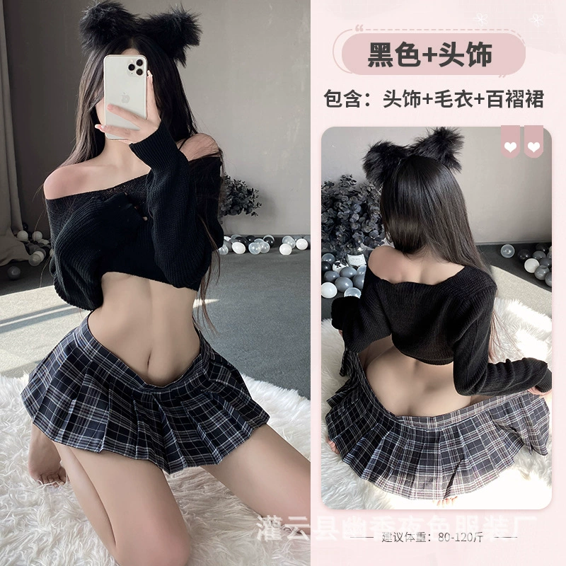 Сексуальный комплект «школьная форма» для женщин, one-size: укороченный вязаный свитер и плиссированная мини-юбка