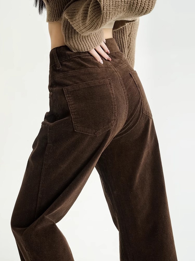 Brown corduroy straight-leg pants for women, autumn and winter, fleece-lined, suitable for pear-shaped figures, wide-leg casual pants