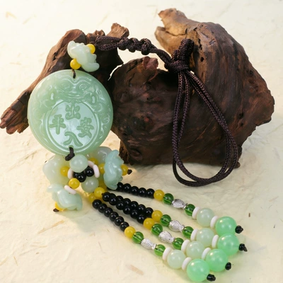 Double-Sided Light Green Jade Pendant with Safe Journey Symbol, Gourd, Pixiu, Guanyin, Maitreya Buddha, and Lotus Design for Car Decoration (Car hanging) - safe-travels