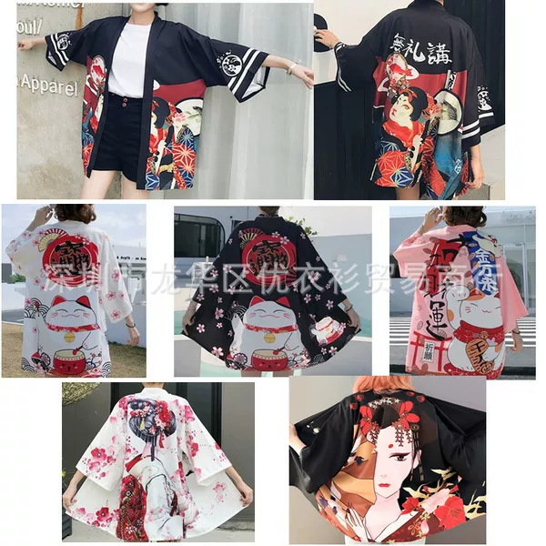 New 2024 Amazon Foreign Trade Japanese Harajuku Digital Printed Kimono Cloak Jacket Pajamas Cardigan Summer Women