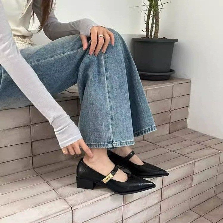 Женские летние и осенние туфли 2025 года, простые универсальные, в стиле для повседневной носки, с острым носком и неглубоким каблуком, в стиле Мэри Джейн.