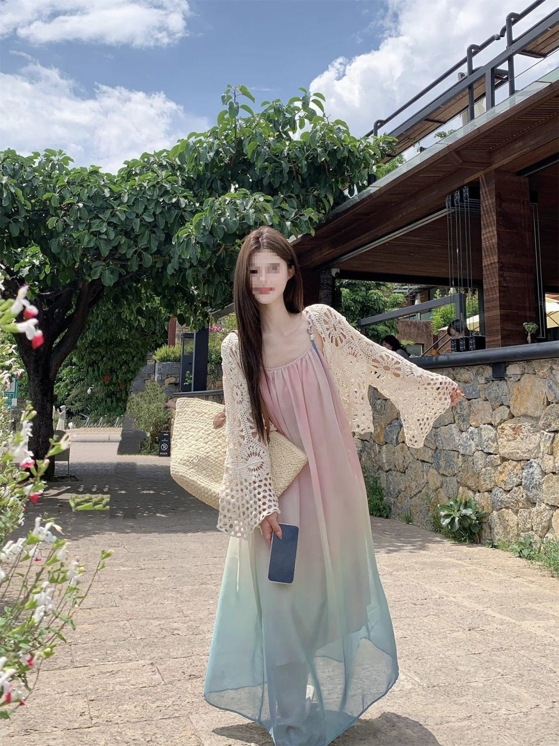 Đầm maxi nữ dây treo họa tiết ombre loang màu phong cách biển — Đầm voan (Version), Đầm voan (phiên bản thường) chi tiết 2