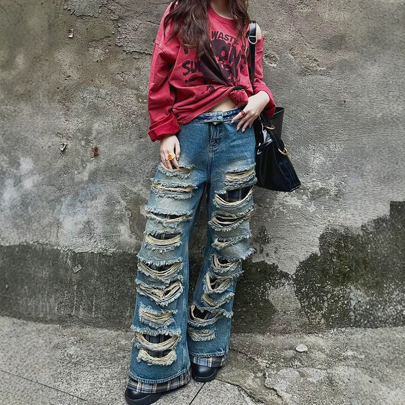 American-Style Plus-Size Ripped Double-Layer Jeans for Women, 2026 Summer Punk Style, Y2K Floor-Length Pants