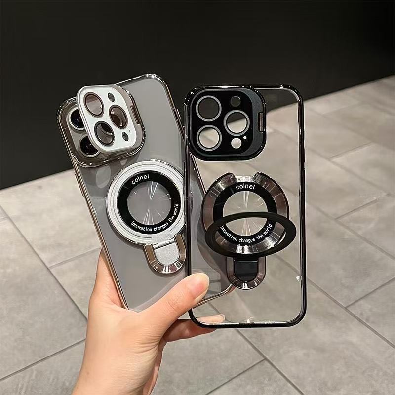 Ốp lưng iPhone trong suốt có giá đỡ kim loại từ tính, bảo vệ ống kính, chống sốc — đen, trắng, tím, cam chi tiết 9