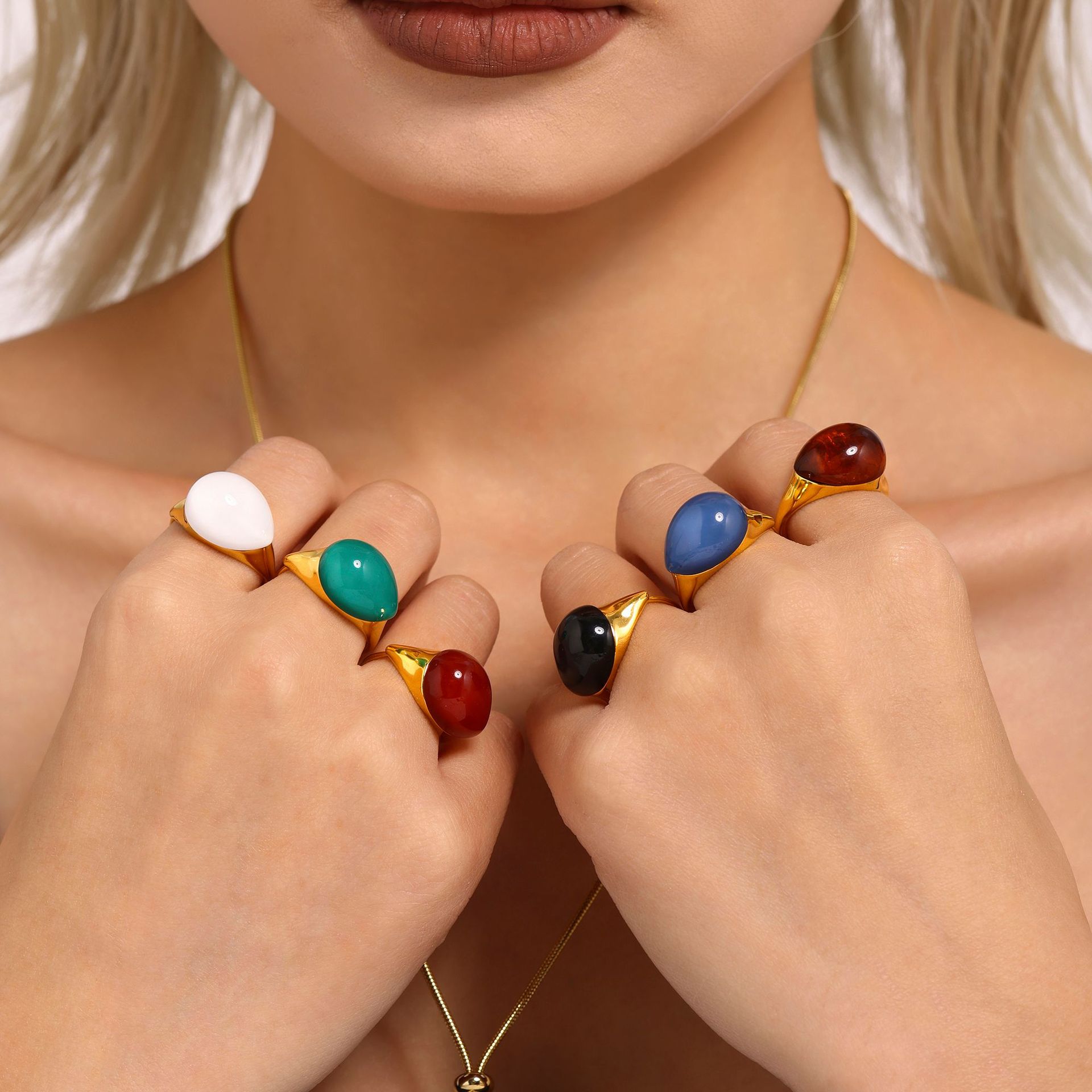 Square Sugar Retro Niche Multi-color Water Droplet Resin Adjustable Ring With Stainless Steel Opening_voghion.com