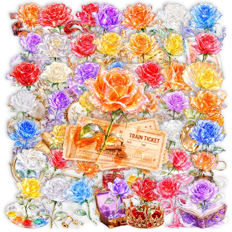New 50-Piece Set of Transparent Crystal Rose Pet Stickers with Gold-Colored Rose Designs for Luggage Decoration, Available from the Manufacturer