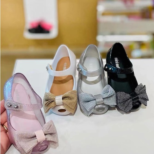 Melissa Children's Shoes 2024 New Children's Jelly Shoes Summer Girls Sandals Cloth Bow Soft Sole Princess Shoes