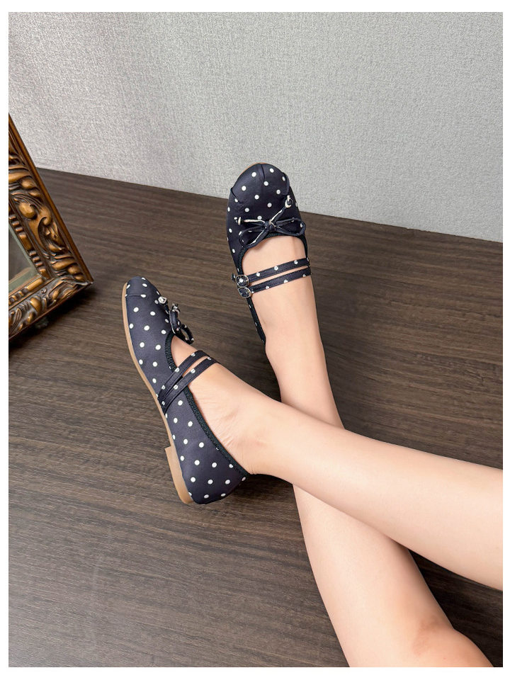 Giày búp bê Mary Jane nữ mũi tròn chất liệu satin chấm bi thắt nơ, đế bằng gót thấp — Màu hồng, Màu trắng, màu đen chi tiết 18