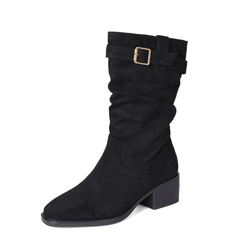 Comercio exterior transfronterizo nuevos zapatos de mujer botas de vaquero botas de talón grueso cinturón de hebilla plegable botas de pila de barril corto ocio versátil mujer image 6