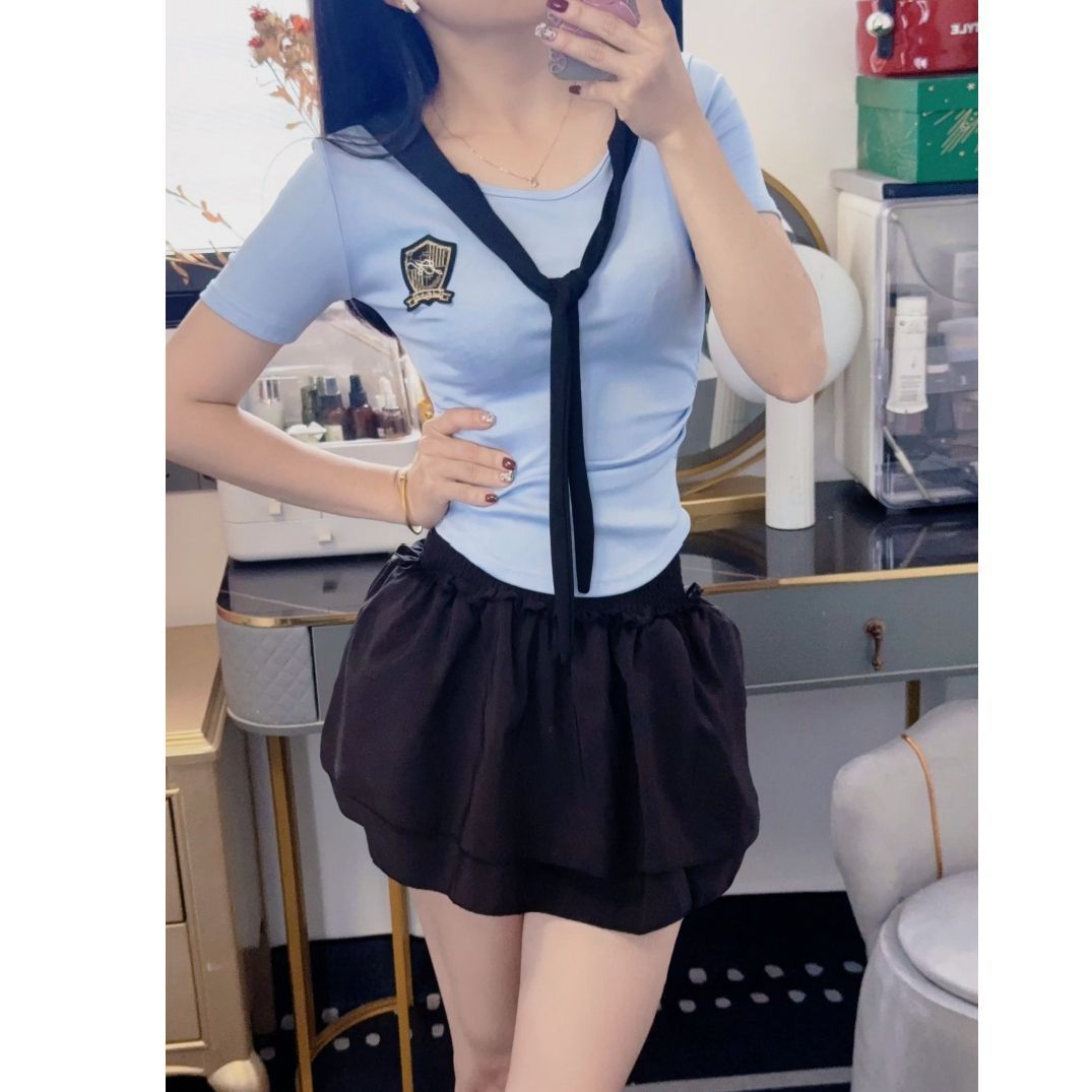 Sweet and Spicy Jk Uniform Suit, Age-Reducing Navy Collar Splicing Blue Top, Cake Skirt, Age-Reducing Preppy Style Two-Piece Set