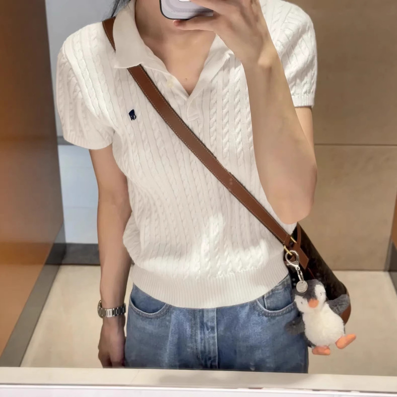 [Original Label with Qr Code] Ralph Lauren Knitted Short-Sleeve Sweater with Small Cable Knit, Polo Collar Shirt for Summer