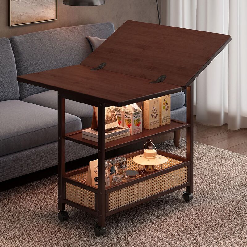 Household Folding Coffee Table with Wheels, Movable French Retro Table, Living Room Multi-Functional Tea Table Storage Cart