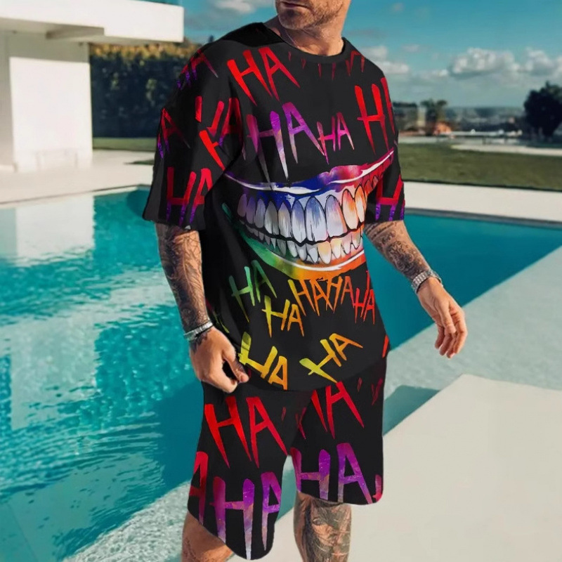 Nuevo verano transfronterizo pantalones cortos de manga corta 3D impresión digital suelta moda casual camiseta traje deportivo para hombre