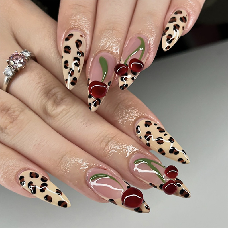 Winter Leopard Print Wearable Nails Stereo Cherry Manicure French Wearable Nails Press on Nails Fake Nails