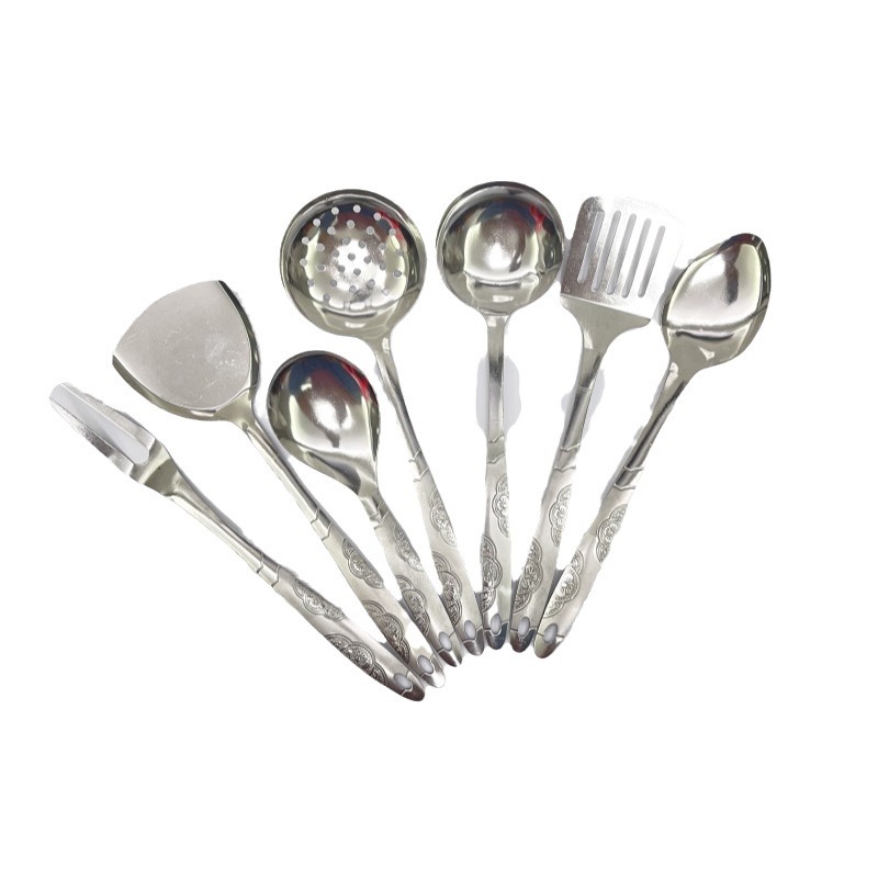 Juego de 7 piezas de acero inoxidable para cocina - Incluye espátulas, cucharones, colador y tenedor - Diseño colgante - Para uso doméstico y profesional