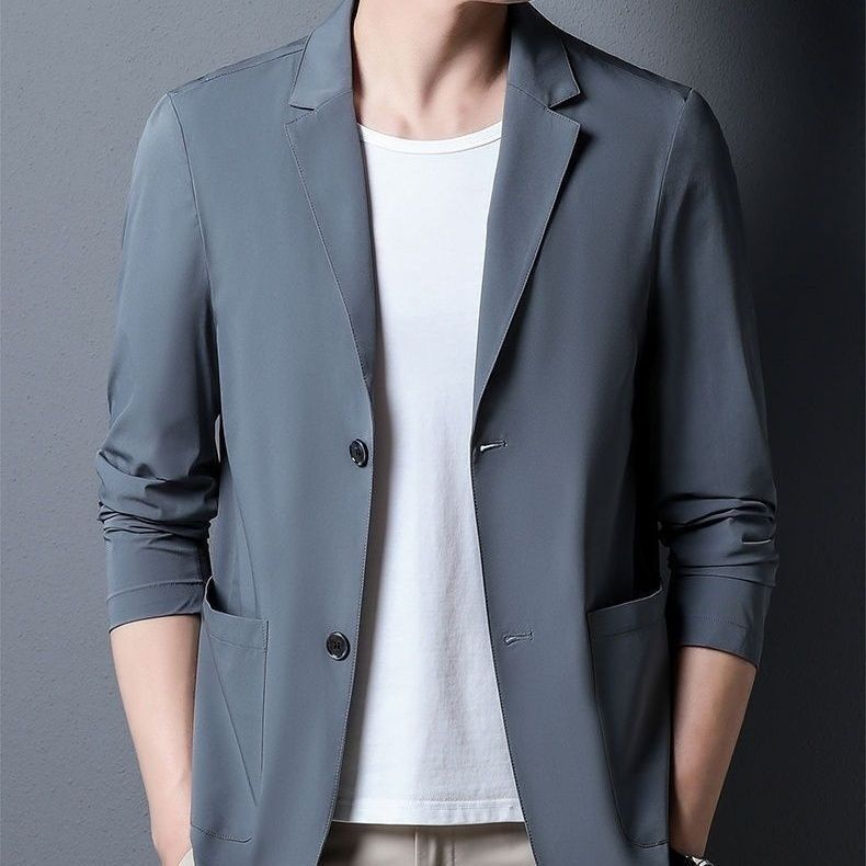 Ice Silk Suit Men's Thin Casual Sun Protection Clothing Elastic Blazer Single-Breasted Jacket Top Summer Fashion Versatile