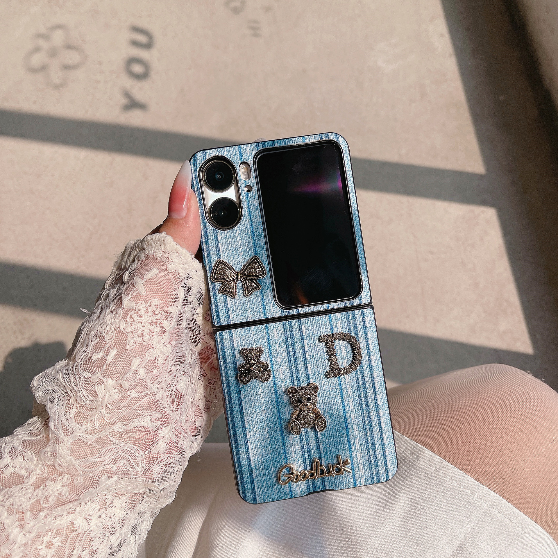 Capa de celular em jeans com bracelete para oppo find n2 flip_voghion.com