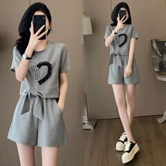 欧美跨境外贸休闲运动套装女夏季小个子时尚减龄短袖短裤两件套潮