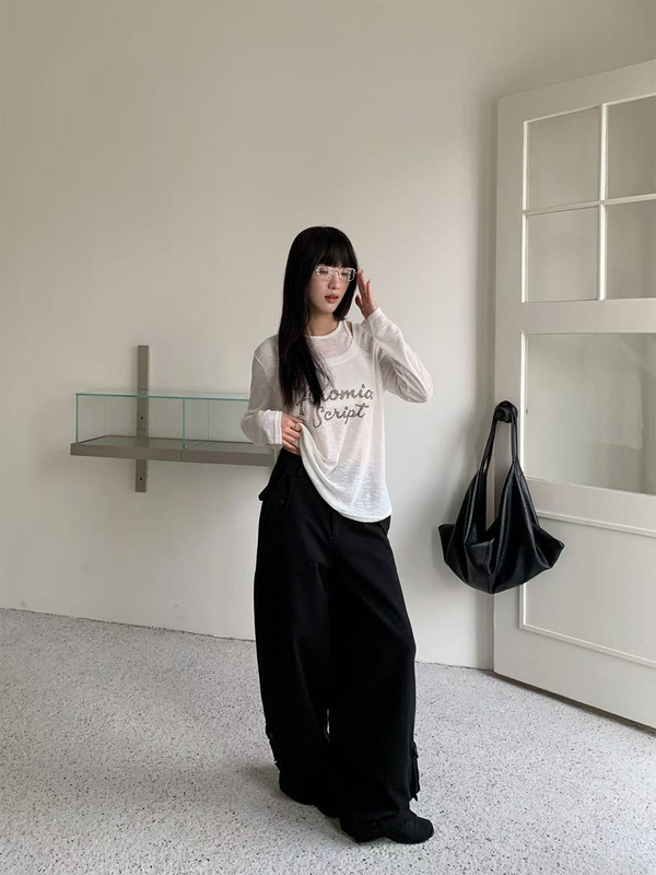 誉一新款2025秋季美式设计感工装休闲裤女宽松阔腿弯刀裤女c866|undefined