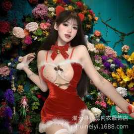 钰蕊圣诞毛毛透纱系套装带情趣性感内衣高级制服情趣衣二次元代发