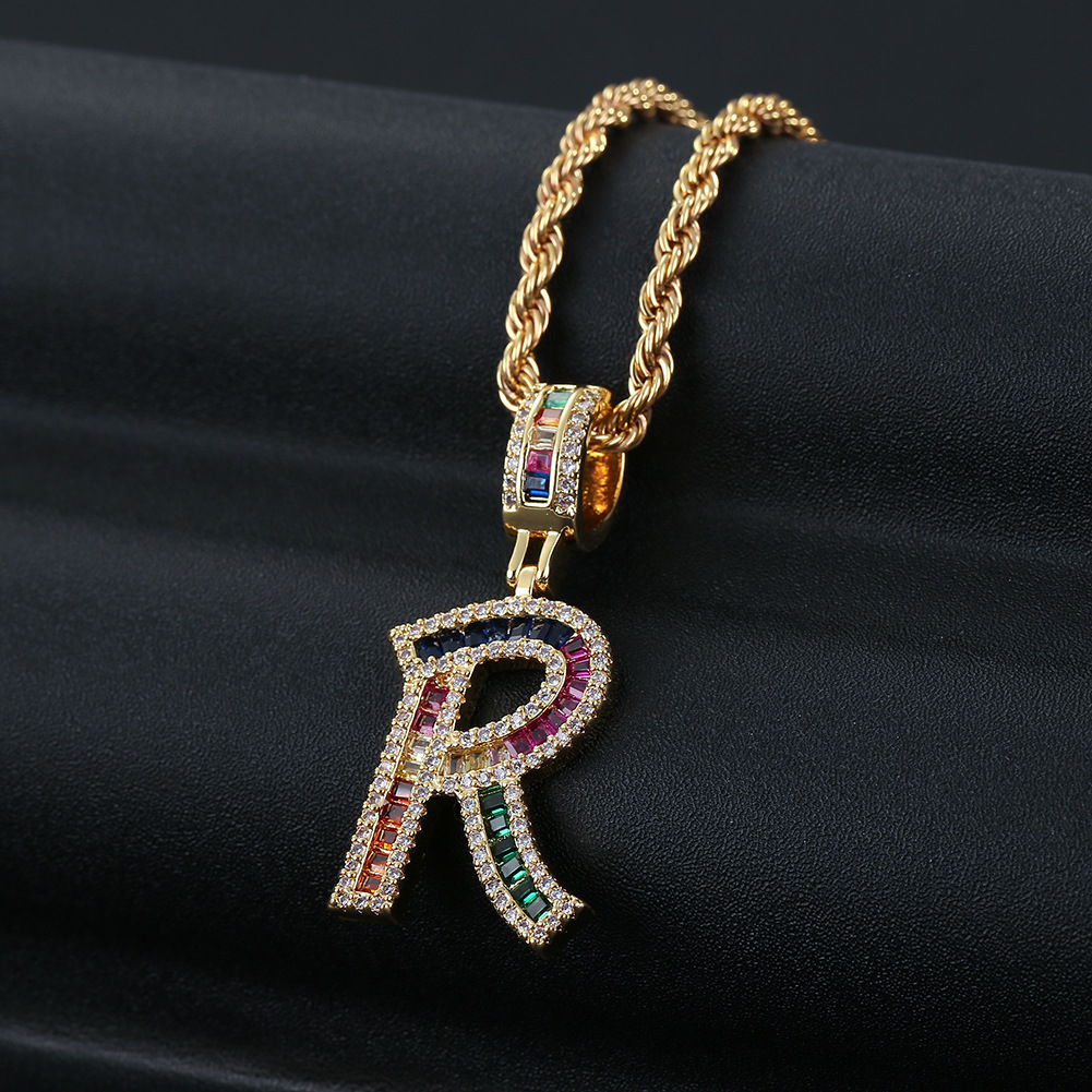 Hip Hop Color Zircon 26 English Letter Copper Necklace