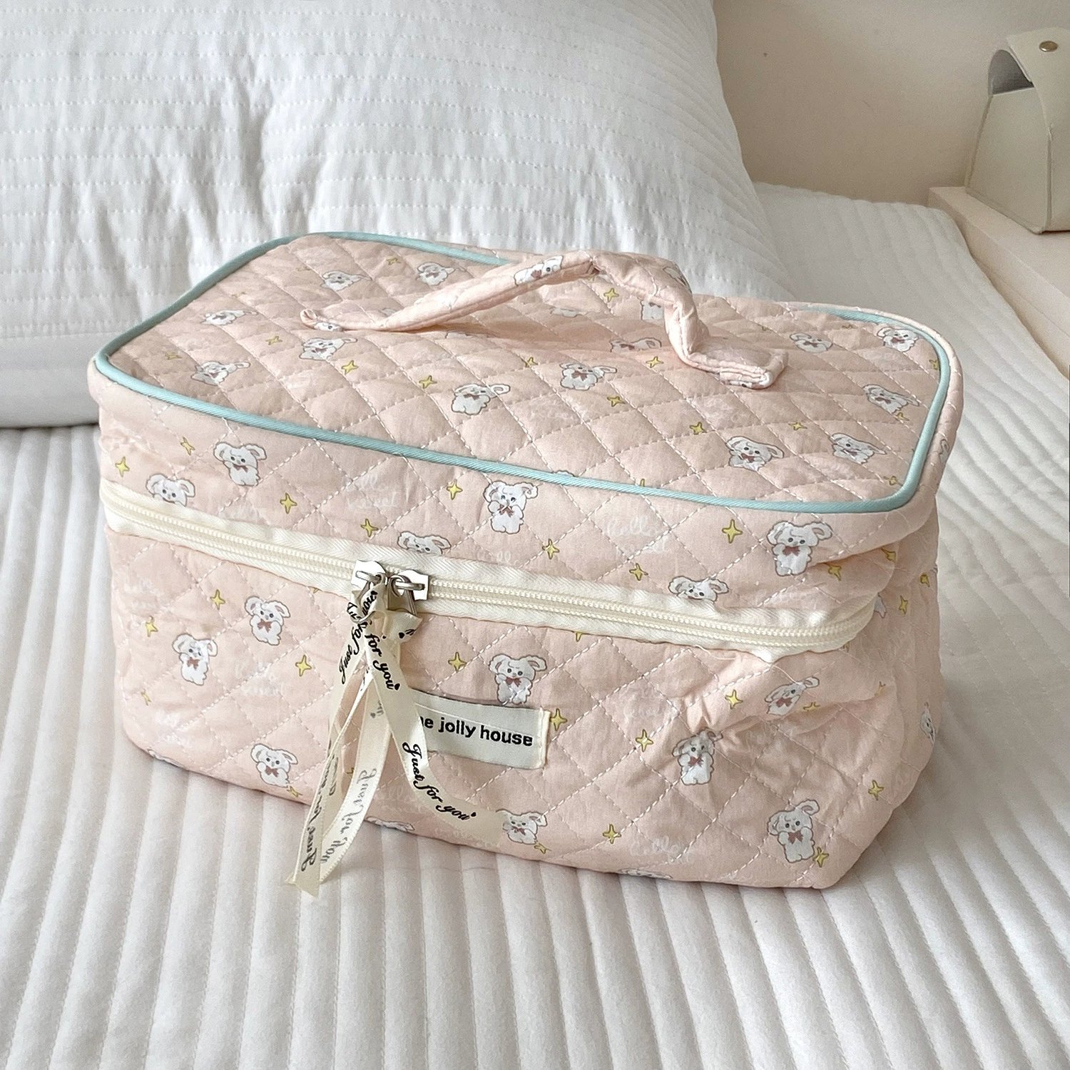 Handheld Cotton Cosmetic Bag, Fresh Cherry Pattern, 25×15×17 cm, Spacious Organizer
