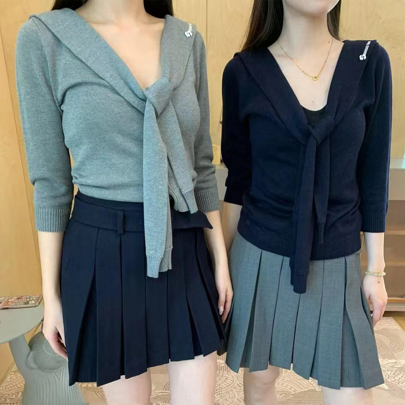 [in Stock] Spring and Summer New Style Fake Two-Piece Patchwork Lace-Up Sweater with Three-Quarter Sleeves Pullover Knit Top 25101