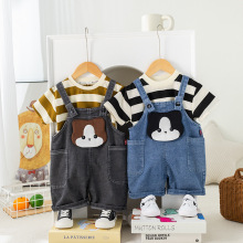 男童夏装套装2024新款洋气时髦男孩衣服条纹卡通短袖背带裤两件套